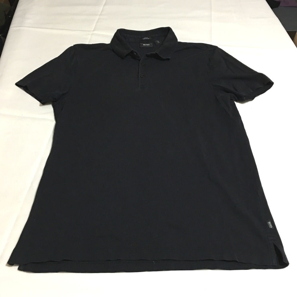 Hugo BOSS Polo Shirt Mens Medium (Tag Large) Black Slim Fit Pima Cotton Preppy